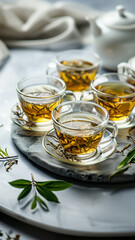 Stories template of four cups of golden herbal tea adorned with fresh green leaves, set on a marble tray. The warm, inviting ambiance is enhanced by the soft lighting. Copy space - 764702147