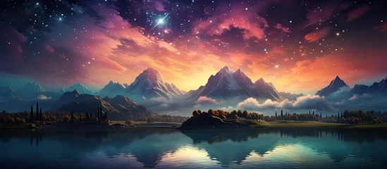 Wall murals Reflection A breathtaking view of misty mountains reflected in a serene lake, surrounded by lush greenery