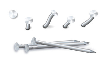 Nails hammered into wall steel straight and bent metal hardware spikes. Hobnails with grey caps top view isolated on transparent background. Vector