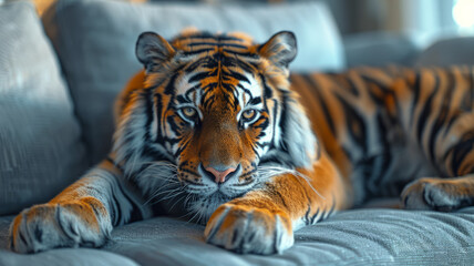 Tiger resting on a sofa.