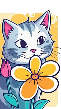 illustration of a cat in flowers, cute design