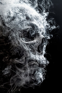 Human skull surrounded and covered in grey smoke on black background.