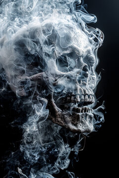 Human skull surrounded and covered in grey smoke on black background.