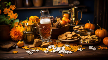 Naklejka premium Table Set with Delicious Food and Refreshing Drinks