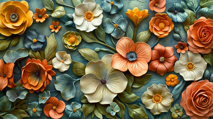 An artistic floral design with various colorful flowers.