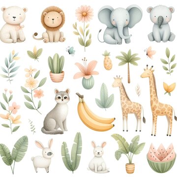 Animals and fruits in a jungle with seamless pattern, watercolor style, illustration