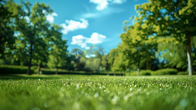 A beautifully blurred background image of spring nature featuring a neatly trimmed lawn surrounded by trees against a blue sky with clouds, evoking a sense of tranquility on a sunny day