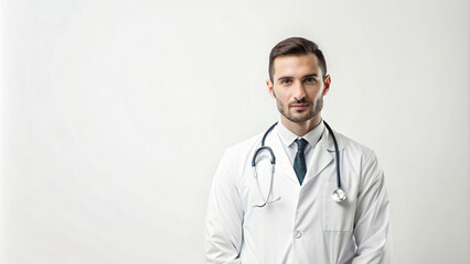 Fototapeta premium Smiling doctor with stethoscope in professional attire standing confidently, conveying friendly healthcare in a hospital setting