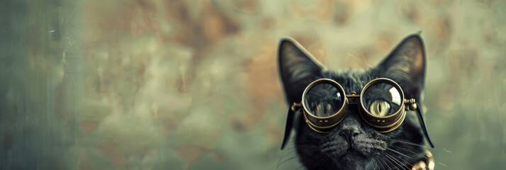 A black cat wearing a pair of goggles, looking curious and ready for adventure - obrazy, fototapety, plakaty