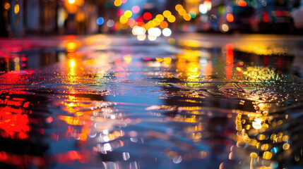A wet city street lined with colorful lights stretching into the distance, creating a vibrant and...