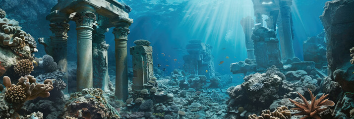An underwater view featuring tall columns and vibrant corals in their natural habitat - obrazy, fototapety, plakaty