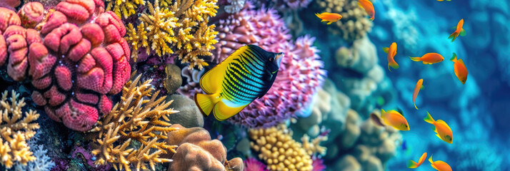 A diverse array of colorful fish swim among the vibrant coral reef in a lively underwater ecosystem