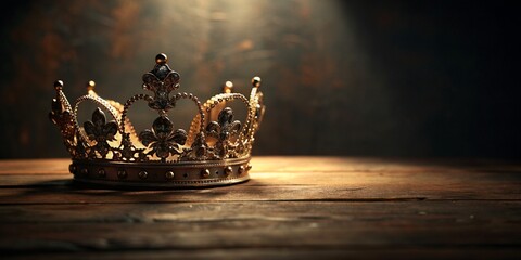 Low Key Image of Beautiful Queen King Crown over Wooden Surface