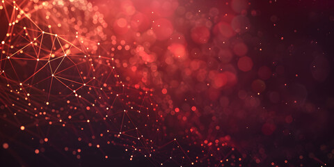 Abstract connected dots on bright red background, 
Abstract red energy particles and dots glowing flying sparks festive with bokeh.