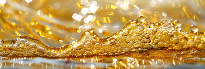 Close-up of glistening golden liquid creating ripples and splashes