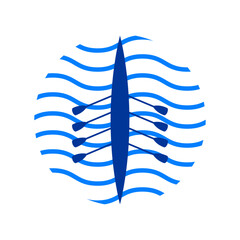 Logo club de deportes acuáticos. Silueta de bote de remos con olas de mar en forma de círculo en regata o competición