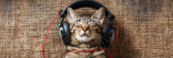 A cat wearing headphones is lying on a couch - obrazy, fototapety, plakaty
