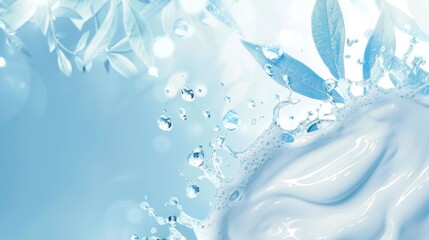 blue cosmetic background with water drops and leaf reflection