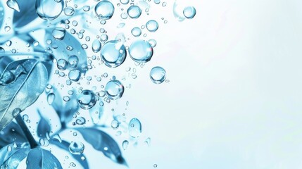 blue cosmetic background with water drops and leaf reflection