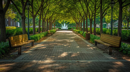 A paved walkway lined with trees and benches running alongside a fountain in a park setting