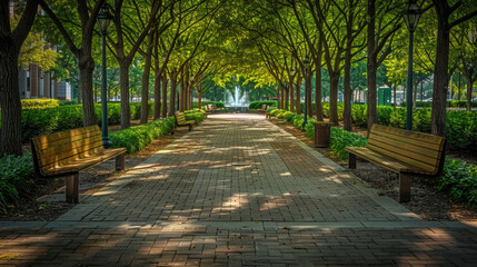 Obraz premium A paved walkway lined with trees and benches running alongside a fountain in a park setting