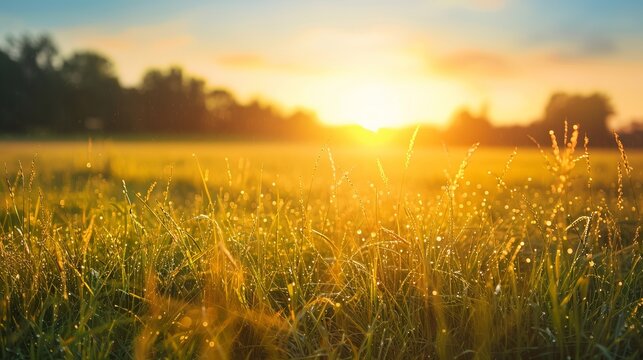 A serene image capturing grass on a field during sunrise, portraying the agricultural landscape in the warmth of the summer time