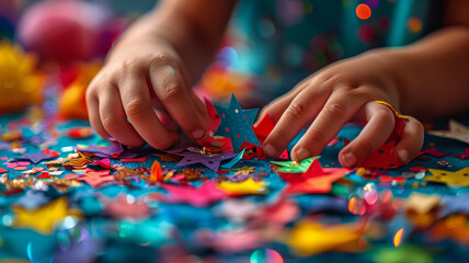 Child's hands playing with colorful star confetti.