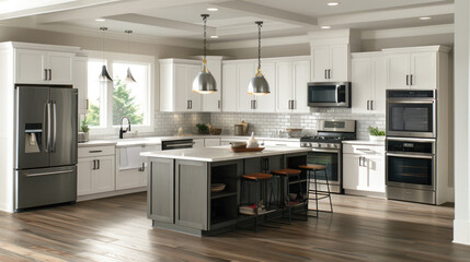 A contemporary kitchen featuring white cabinets, stainless steel appliances, and a sleek design