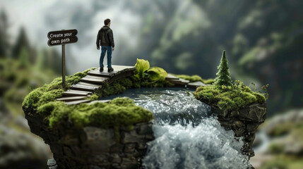 Miniature toy man is standing on bridge that stretches over river, looking out at flowing water beneath him. Create your own path - obrazy, fototapety, plakaty