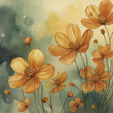Hand drawn orange flowers on watercolor paper, grunge background, place for dough, for wedding invitations and cards