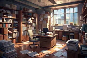 messy office with many folders and documents on wooden floor. - obrazy, fototapety, plakaty