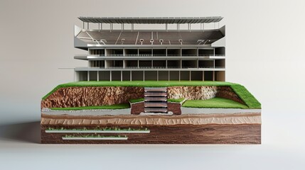 A unique cubic cross-section of a football stadium, the underground soil layers beneath the green grass surface, presented in isolation to highlight the structural intricacies of stadium construction