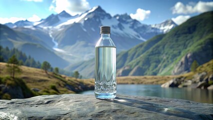 bottle of mineral water on table in front of beautiful mountain landscape - obrazy, fototapety, plakaty