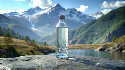 Foto op Plexiglas bottle of mineral water on table in front of beautiful mountain landscape © Ajay