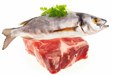 Fish and piece of meat with garnish on top on white background