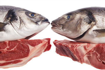 A fish and a piece of meat are facing each other