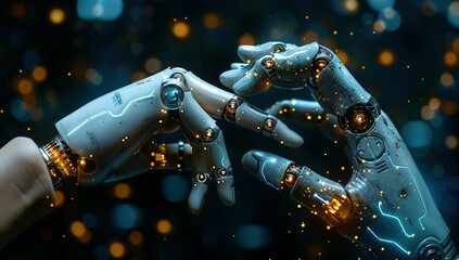 Hands of robot and human touching on big data network connection background