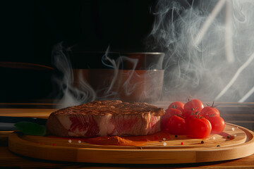 A steak sits on a wooden cutting board, steaming with tomatoes. The entire scene is set on a wooden table