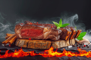 A piece of steak sits on a wooden board surrounded by spices and fire