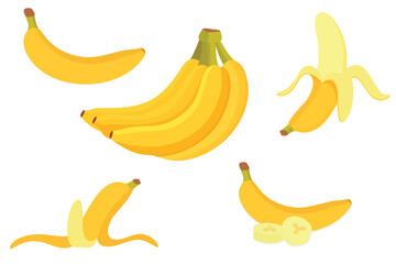 Banana icon set isolated vector illustration. Peel bananas, yellow fruit and a bunch of bananas. Tropical fruits, banana snacks or vegetarian nutrition.