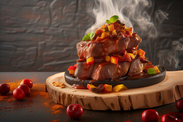 A sizzling plate with steaming meat and vegetables on a wooden board