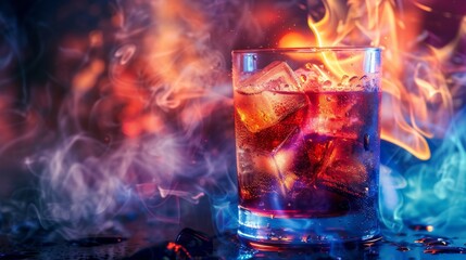 Artistic color cocktail with dry ice effect, in modern glass with copy space.