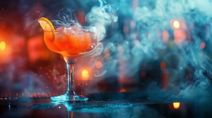 Artistic color cocktail with dry ice effect, in modern glass with copy space. - obrazy, fototapety, plakaty