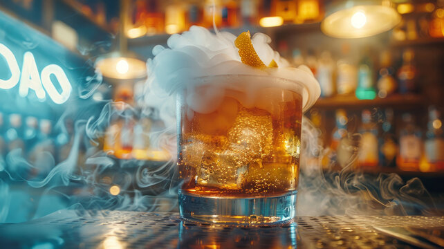 Smoke over whiskey cocktail in a bar