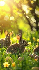 Fototapeta na wymiar Bunnies amidst Easter eggs in sunny grass. Three rabbits nestled in grass surrounded by Easter eggs under a warm, glowing sunlight dappled through trees