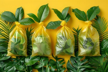 Three Bags of Green Leaves on a Yellow Background