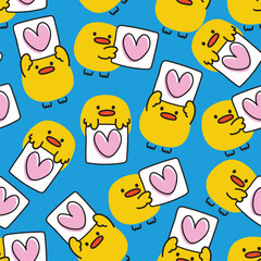 Seamless pattern of cute chicken line hand drawn style hold heart paper background.Valenines day.Farm animal character cartoon design.Baby clothing.Kawaii.Vector.Illustration.