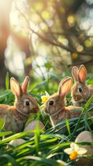 Fototapeta premium Rabbits in grass with Easter eggs at sunrise. Close-up of three rabbits with Easter eggs hidden in the grass, as the first light of sunrise filters through