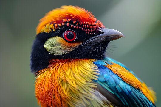 a bird with vibrant facial colors is captured in this photograph, showcasing a humorous tableau style. the portraitures are meticulously detailed 