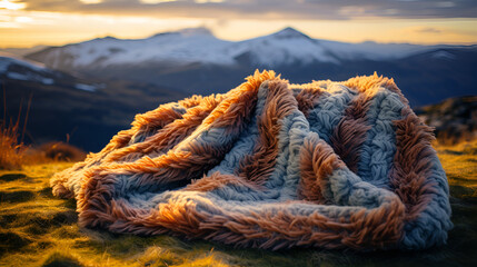 a fluffy blanket with a winter landscape in the background,a woolen blanket in a winter landscap